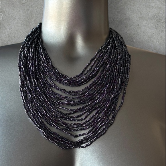 Vintage Jewelry - ✅Vintage Multi-Strand Black Seed Bead Statement Necklace